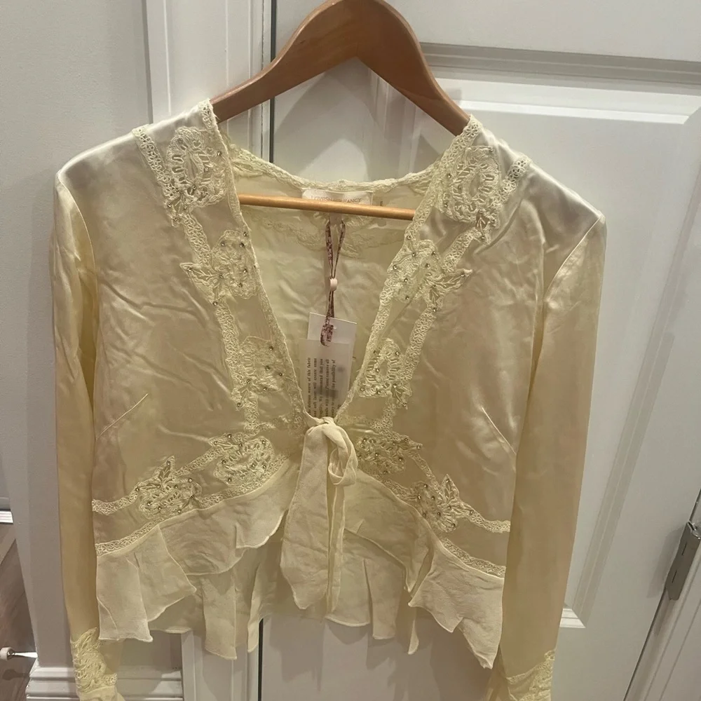 NWT LoveShackFancy Vivetta Long Bell Sleeve Blouse Silk Top Limeade Yellow M - Picture 5 of 9
